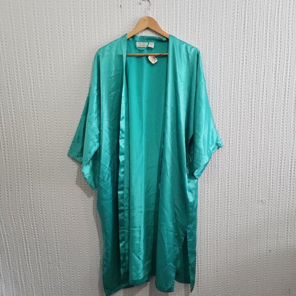 Vintage Victoria’s Secret Gold Label Satin Teal Kimono Robe One Size - Picture 2 of 13